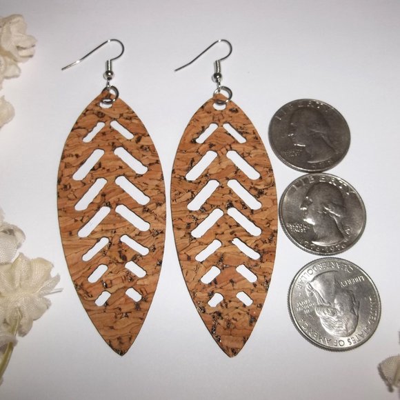 Lightweight Statement Earrings Brown Tan Cork With Silver Leaf Jewelry Set C143 - Picture 2 of 5